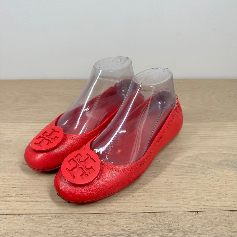 Tory Burch Reva Ballet Flats Women 8 Red Leather Logo Round Toe Foldable